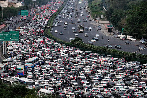 Vehicles as seen stuck in a bumper-to-bumper traffic on the Delhi-Jaipur expressway in Gurugram, Haryana
