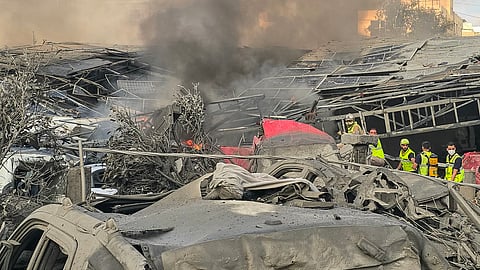 First responders gather at the site of an Israeli strike that hit near a hospital in the southern Lebanese city of Tyre on June 1, 2026.