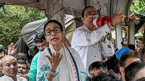 TMC supremo Mamata Banerjee holds a sit-in protest against the alleged attacks on party leaders and workers in Kolkata, Tuesday, June 2, 2026.