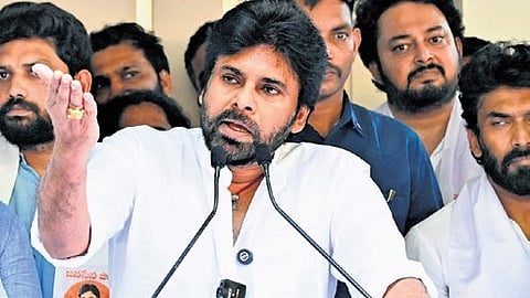 Jana Sena Party chief Pawan Kalyan speaks during a press meet at his residence in Hyderabad on Tuesday