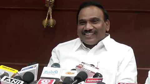 DMK MP A Raja addressing the press in Chennai on Tuesday.