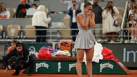 Ukraine's Marta Kostyuk reacts after winning the quarterfinal tennis match against Ukraine's Elina Svitolina at the French Open in Paris, Tuesday, June 2, 2026. 