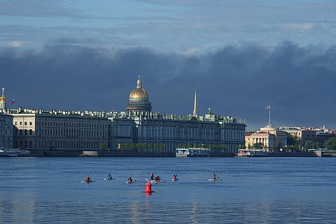 Plumes of black smoke are seen over St Petersburg, Russia, Wednesday, June 3, 2026, after a Ukrainian drone attack.
