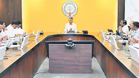 CM N Chandrababu Naidu addressing a meeting on Godavari Pushkarams at the Secretariat in Velagapudi on Tuesday.