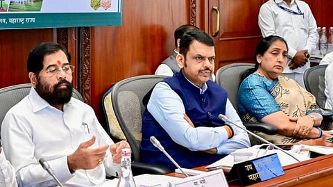 Maharashtra Chief Minister Devendra Fadnavis and Deputy CMs Eknath Shinde and Sunetra Pawar
