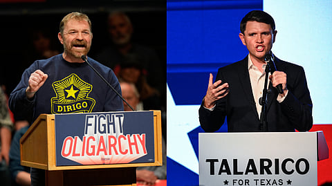 (L) Graham Platner, Democratic candidate for US Senate, speaks at an event in Orono, Maine, Sunday, May 24, 2026. (R) Democrat candidate for US Senate James Talarico speaks during a rally in San Antonio, Texas, on May 29, 2026.