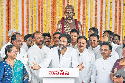 Deputy CM Pawan Kalyan addresses the media after paying floral tributes to Amarajeevi Potti Sriramulu statue in Amaravati on Wednesday.