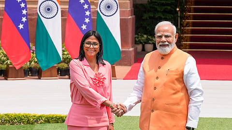 Prime Minister Narendra Modi, right, with Venezuela's Acting President Delcy Rodriguez before a meeting at the Hyderabad House, in New Delhi, Thursday, June 4, 2026.