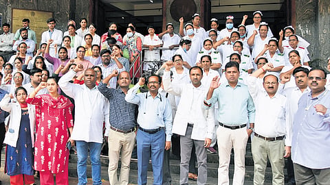 Doctors and nurses at Gandhi Hospital staged a protest on Friday against the transfer process, alleging that provisions of GO No 38 were not implemented.