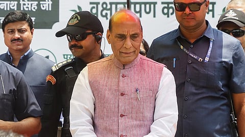 Defence Minister Rajnath Singh participates in a plantation drive under the "Ek Ped Maa Ke Naam" campaign on the occasion of World Environment Day at Kasturba Park Cantt in Lucknow on Friday.