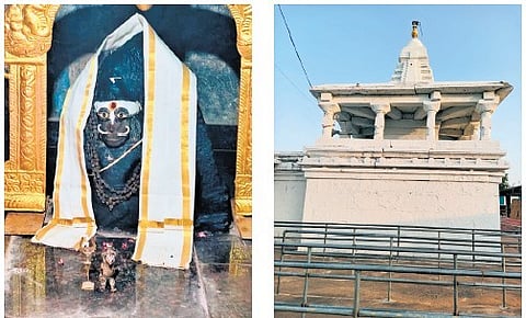 The 11th century hero stone inside the sanctum sanctorum of Mallanna Swamy temple.