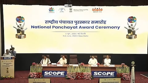 Union Minister of Panchayati Raj, Rajiv Ranjan Singh addressing the National Panchayat Awards Ceremony at SCOPE Convention Centre in New Delhi.