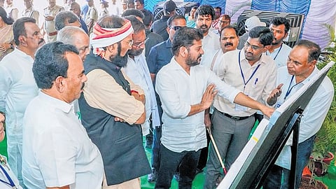 Chief Minister A Revanth Reddy inspects the Makthal-Narayanpet-Kodangal Lift Irrigation Scheme works on Thursday.