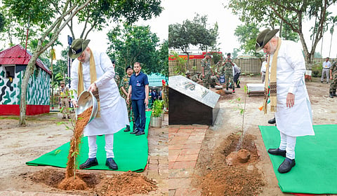 Union Home Minister Amit Shah plant a sapling of ‘Agarwood’ tree on the occasion of World Environment Day at the Lankamura Border Outpost on the India-Bangladesh Border, in Tripura on June 05, 2026.