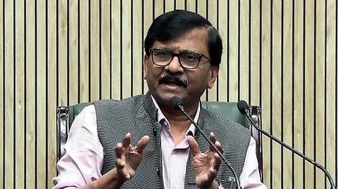 In this photo from Feb. 7, 2025, Shiv Sena (UBT) MP Sanjay Raut addresses a press conference at the Constitution Club in New Delhi.