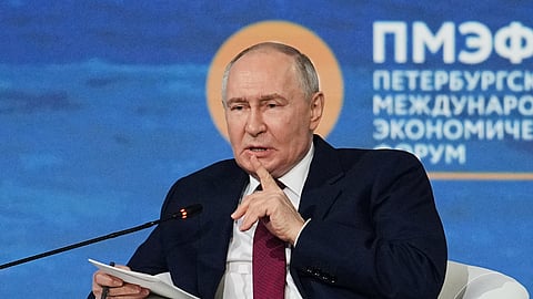 Russian President Vladimir Putin gestures speaking at a plenary session at the St. Petersburg International Economic Forum in St. Petersburg, Russia, on Friday, June 5, 2026.