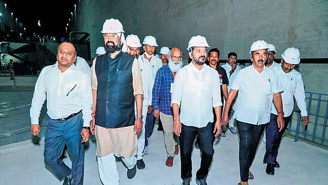 Chief Minister A Revanth Reddy inspects the pump houses of the Palamuru-Rangareddy Lift Irrigation Scheme at Kollapur in Nagarkurnool district on Friday. 