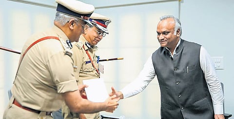 Home Minister Priyank Kharge was felicitated by Karnataka State Director General of Police and Inspector General of Police MA Salim at Vikasa Soudha on Friday 