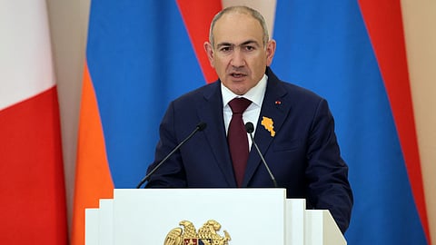 Armenia's Prime Minister Nikol Pashinyan gives a speech during the talks with France's President in Yerevan on May 5, 2026. 
