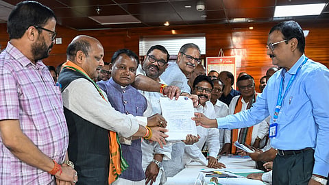 Debashish Samantaray files nomination to the bye-election to the council of states at State Assembly in the presence of CM Mohan Majhi, BJP state president Manmohan Singh and BJP leaders in Bhubaneswar on Friday.