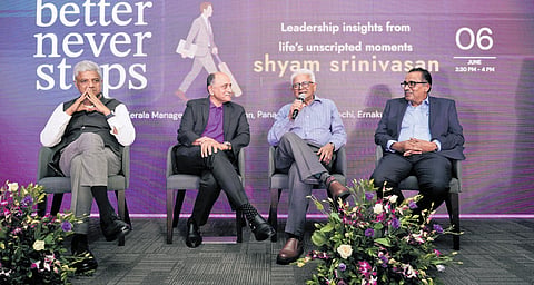 Federal Bank chairperson Elias George, ‘Better Never Stops’ author Shyam Srinivasan, KSIDC chairperson C Balagopal and Muthoot Group managing director George Alexander Muthoot during a discussion at the book launch in Kochi.