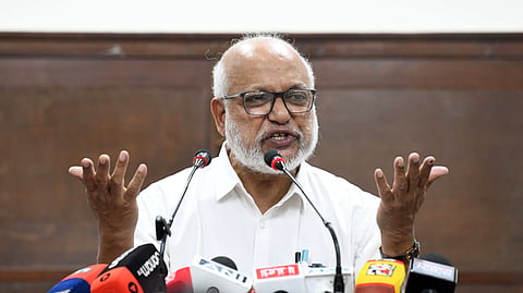 CPI(M) General Secretary MA Baby addresses a press conference at the party office in New Delhi, May 25, 2026.