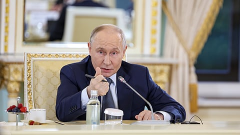 Russian President Vladimir Putin speaks during an interaction with the heads of major global news agencies in St Petersburg, Russia, June 5, 2026.