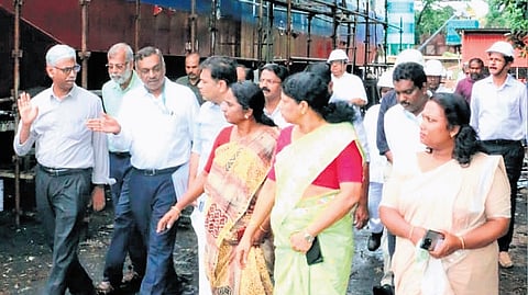 MP Hibi Eden, Mayor V K Minimol and standing committee chairpersons visit the construction site.