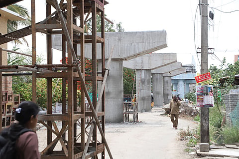 The Thanneerpandal ROB (Rail Overbridge) works that are being carried out by the state highways near the Tidal Park 