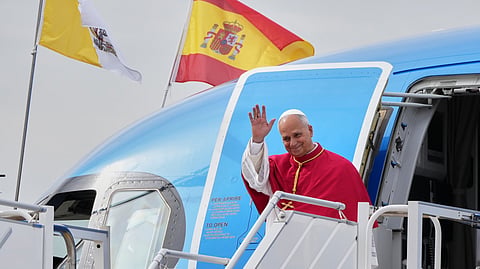 Pope Leo XIV arrives at Madrid's Adolfo Suarez International Airport, Saturday, June 6, 2026, as he starts a seven-day apostolic journey to mainland Spain and the Canary Islands.