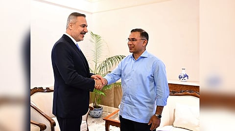 Turkish Foreign Minister Hakan Fidan meets Bangladesh Prime Minister Tarique Rahman at the prime minister's office in Tejgaon, Dhaka, Saturday, June 6, 2026.