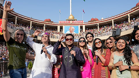 Singers AR Rahman, centre, and Mohit Chauhan, second left, Director Imtiaz Ali, left, actor Vedang Raina and others perform at Jai Ho, a tribute to the bravehearts event, during the beating the retreat ceremony at JCP Stadium, Attari Border Post, in Amritsar, Punjab, Sunday, June 7, 2026.