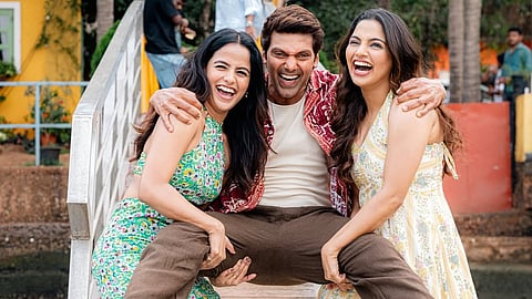Arya (M) with his co-stars Nikhila Vimal (R) and Vaishnavi Chaitanya