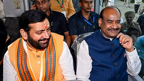 Lok Sabha Om Birla, right, along with Haryana Chief Minister Nayab Singh Saini.