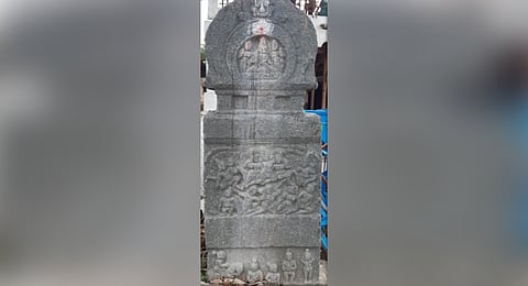 Rare veeragallu (memorial stone) found at Mevundi village.