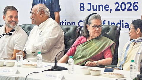 Lok Sabha LoP Rahul Gandhi, Congress President Mallikarjun Kharge, Sonia Gandhi, TMC chief Mamata Banerjee and others during the INDIA bloc meet. 