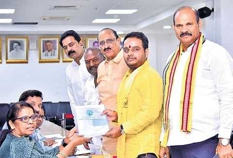 Bashyam Rama Krishna also filed two sets of nomination papers. Minister K Atchannaidu and MLAs B Ramanjaneyulu, Kolisetti Srinivas, and Sriram Tataiah signed as proposers for his candidature.