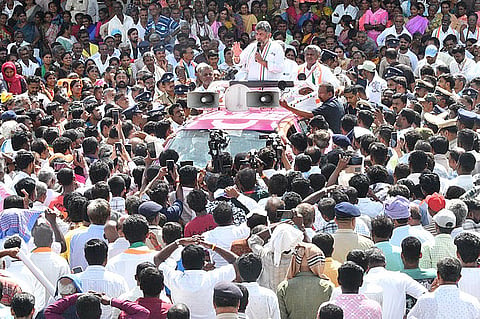 Chief Minister DK Shivakumar takes out a roadshow during his visit to his constituency Kanakapura on Sunday.