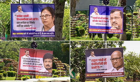 Hoardings featuring statements by leaders of TMC, AAP, DMK and NCP (SP) installed, over Lok Sabha LoP Rahul Gandhi's leadership, ahead of the INDIA bloc meeting, in New Delhi, Monday, June 8, 2026