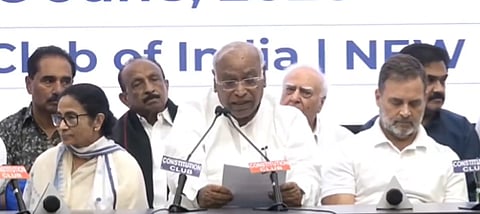 Congress chief Mallikarjun Kharge addressing a press conference after the INDIA bloc meeting.