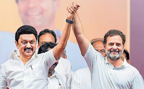MK Stalin and Rahul Gandhi during an election rally 