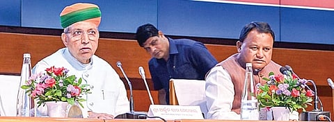 CM Mohan Charan Majhi addressing mediapersons with Union min Arjun Ram Meghwal