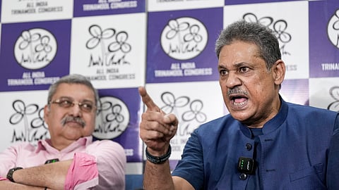 TMC MPs Kalyan Banerjee, left, and Kirti Azad during a press conference, in New Delhi, Tuesday, June 9, 2026.