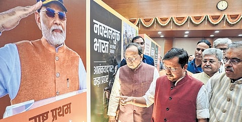 BJP national president Nitin Nabin at an exhibition to mark completion of 12 years of the NDA government at the party headquarters in New Delhi on Tuesday.