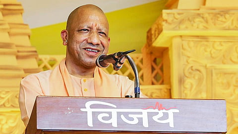 Uttar Pradesh Chief Minister Yogi Adityanath addresses the concluding ceremony of the nine-day Shri Ram Katha Mahotsav, narrated by Jagadguru Tulsi Peethadheeshwar Jagadguru Rambhadracharya, in Lucknow on Tuesday.
