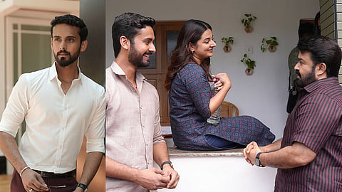 Nikhil Nair (L); Nikhil Nair with Esther Anil and Mohanlal from the sets of Drishyam 3 (R)