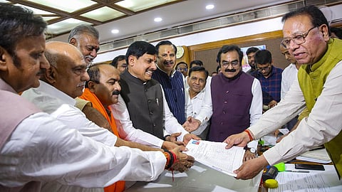Madhya Pradesh Chief Minister Mohan Yadav, state BJP President Hemant Khandelwal and others present as party candidate Mahesh Kewat files his nomination papers for Rajya Sabha elections, at State assembly, in Bhopal, on Monday, June 8, 2026