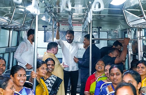 Chief Minister A Revanth Reddy participates in the flagging off of women-owned buses and the distribution of benefits and cheques to beneficiaries during Mahila Varotsavalu-2026 in Hyderabad