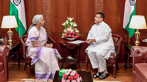 Union Finance Minister Nirmala Sitharaman during a meeting with West Bengal Chief Minister Suvendu Adhikari , in New Delhi.