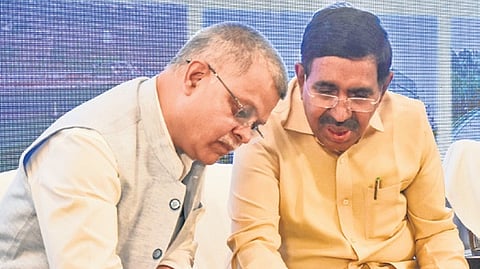 MA&UD Minister P Narayana and HUDCO Chairman Sanjay Kulshrestha study the growth plan at a meeting in Vijayawada on Tuesday 